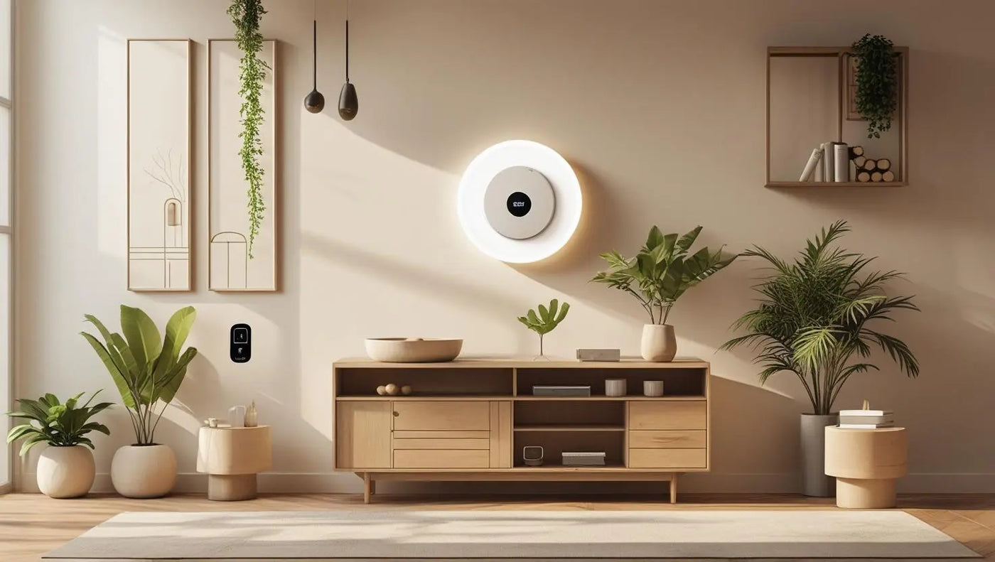 Modern living room with wooden cabinet, plants, and wall-mounted light fixture.