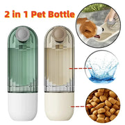 2-in-1 pet bottle with images of a dog drinking, water droplets, and dog food.