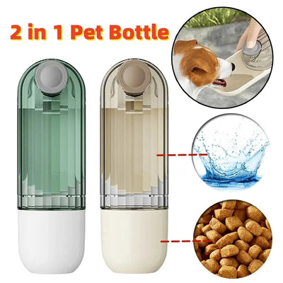 2-in-1 pet bottle with images of a dog drinking, water droplets, and dog food.