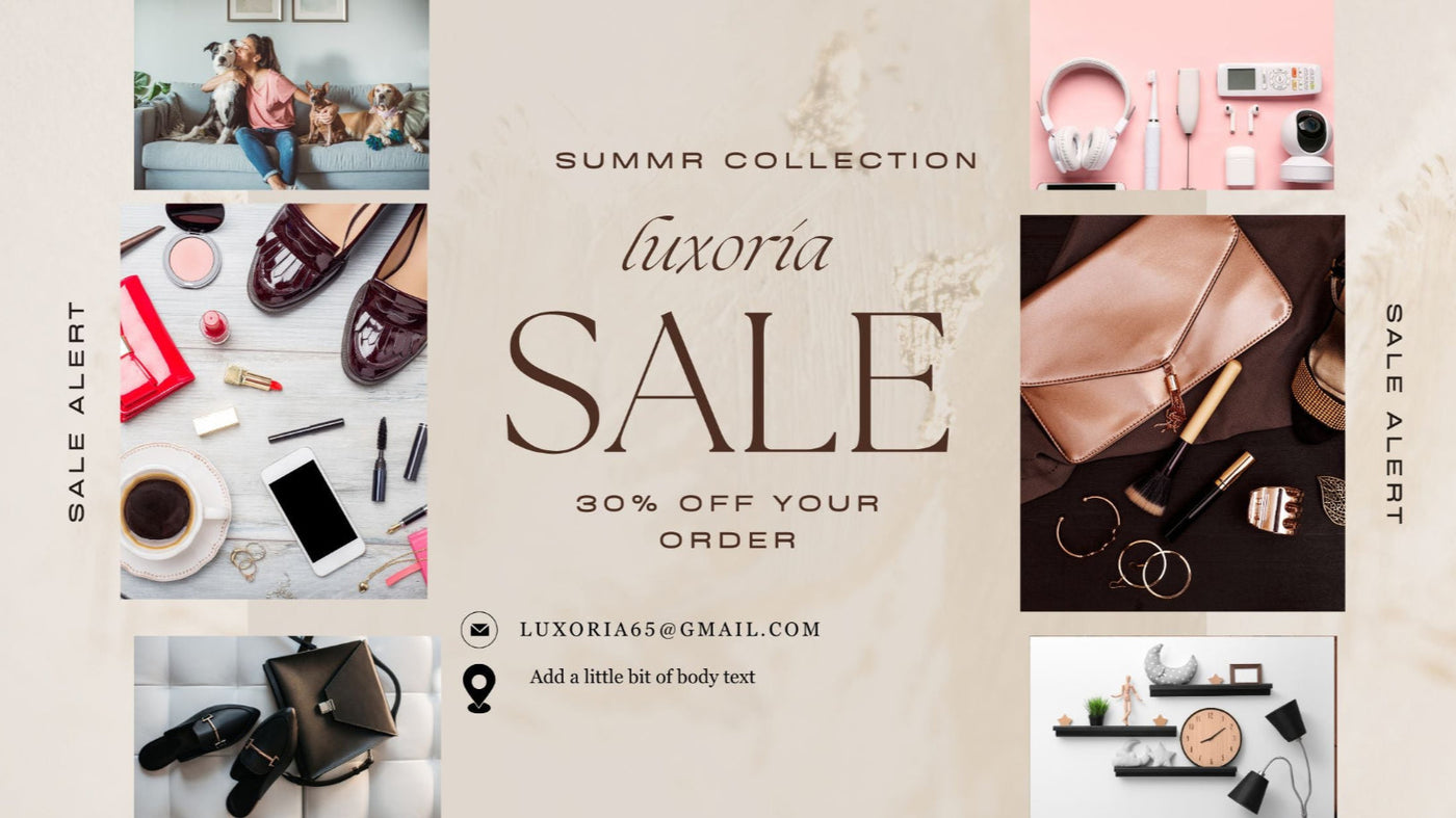 Promotional banner for Luxoria Summer Collection Sale with various product images and contact information.