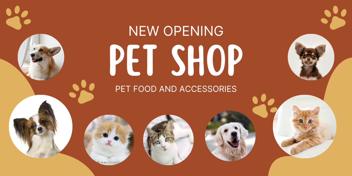 Advertisement for a new pet shop with images of dogs and cats on a brown background.