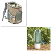 Collage of a pet carrier backpack and a portable water bottle with measurement details.
