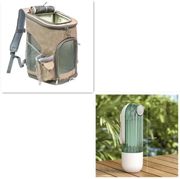 Collage of a pet carrier backpack and a portable water bottle with measurement details.