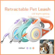 Retractable pet leash with LED night lighting in multiple colors on a white background.