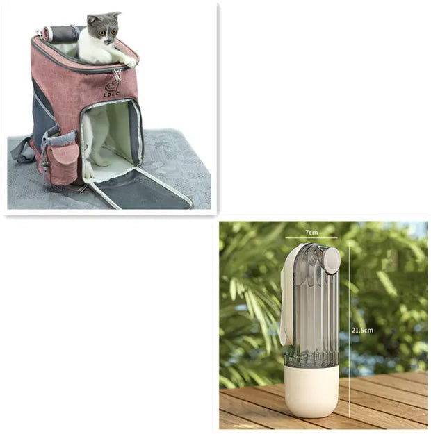 Cat carrier with a cat inside, portable fan on a wooden surface with measurement details.