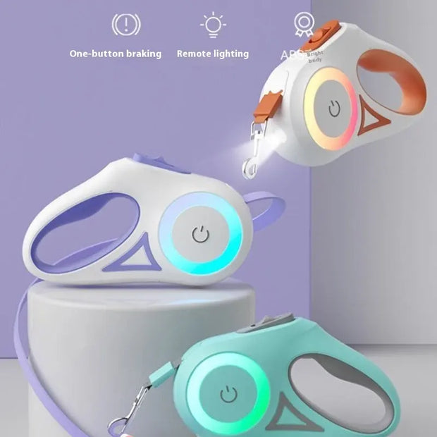 Three colorful pet leashes with LED lights on a light purple background