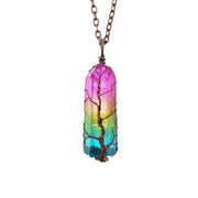 Multicolored crystal pendant necklace on a white background