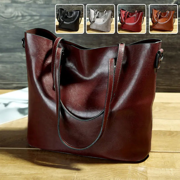 Brown leather handbag on a wooden surface with inset images of the bag in different colors.