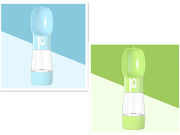 Traveling Out Portable Dog Water Dispenser in blue and green with segmented water and food containers for pets.