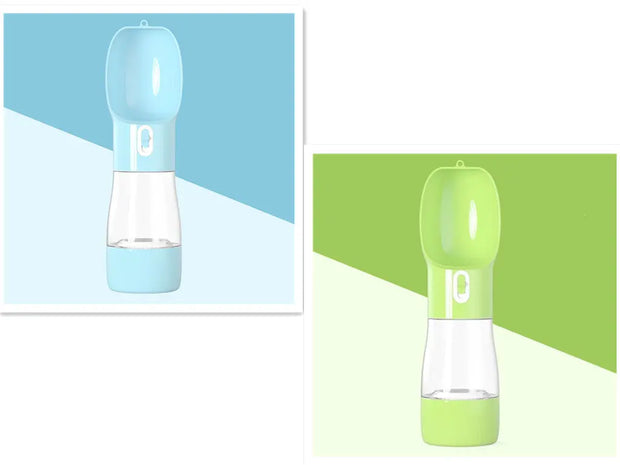 Traveling Out Portable Dog Water Dispenser in blue and green with segmented water and food containers for pets.