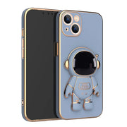 Blue phone case with a gold robot design on a white background