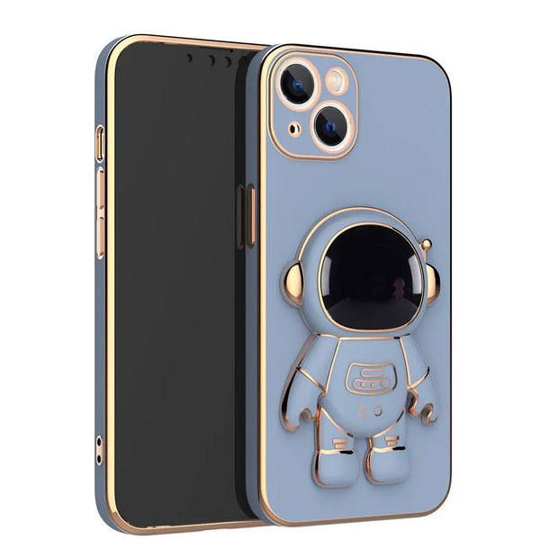 Blue phone case with a gold robot design on a white background