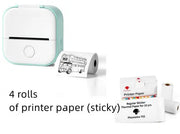 Small printer with four rolls of printer paper on a white background