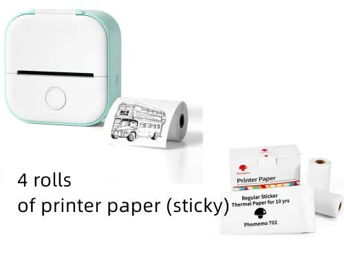 Small printer with four rolls of printer paper on a white background