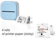Small blue printer with four rolls of printer paper on a white background