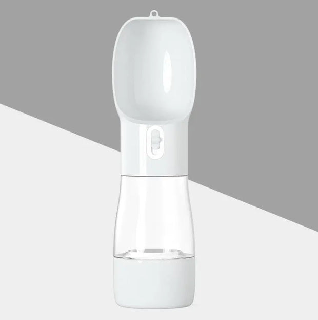 Traveling Out Portable Dog Water Dispenser showing white easy-pour pet water bottle with locking switch