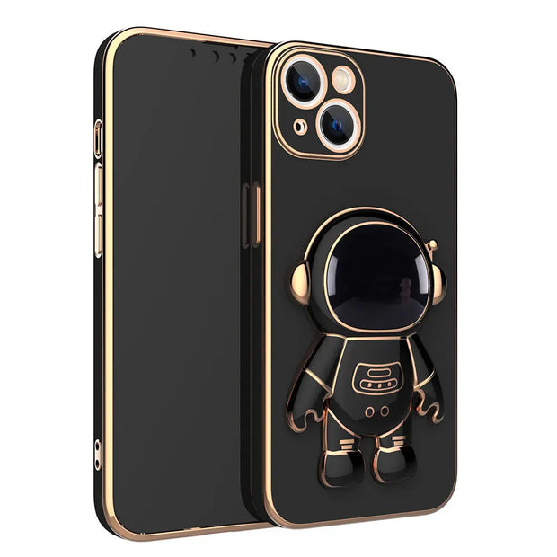 Black phone case with a gold astronaut charm on a white background