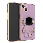 Smartphone with a purple case featuring a robot design on a white background