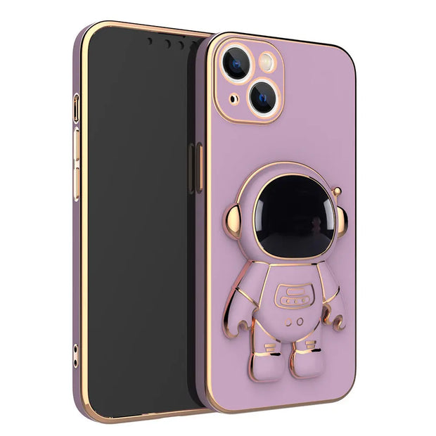 Smartphone with a purple case featuring a robot design on a white background