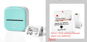Turquoise printer with thermal paper and a box of printer paper on a white background