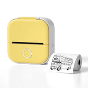 Yellow portable printer with a roll of paper featuring a London bus design on a white background