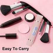 Dual-Head Electric Shaver Painless Women's Epilator Bikini Hair Removal Device with makeup brushes and pouch on pink background