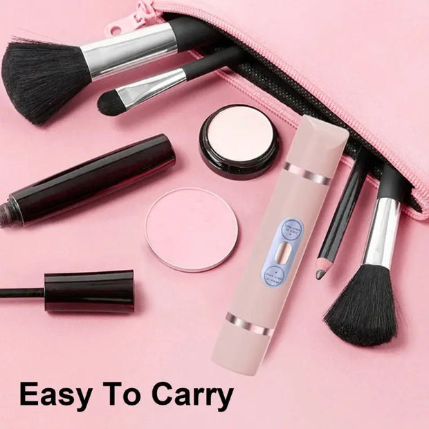Dual-Head Electric Shaver Painless Women's Epilator Bikini Hair Removal Device with makeup brushes and pouch on pink background