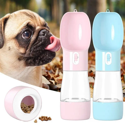 Traveling Out Portable Dog Water Dispenser in pink and blue with a food container and a water bottle for pets.