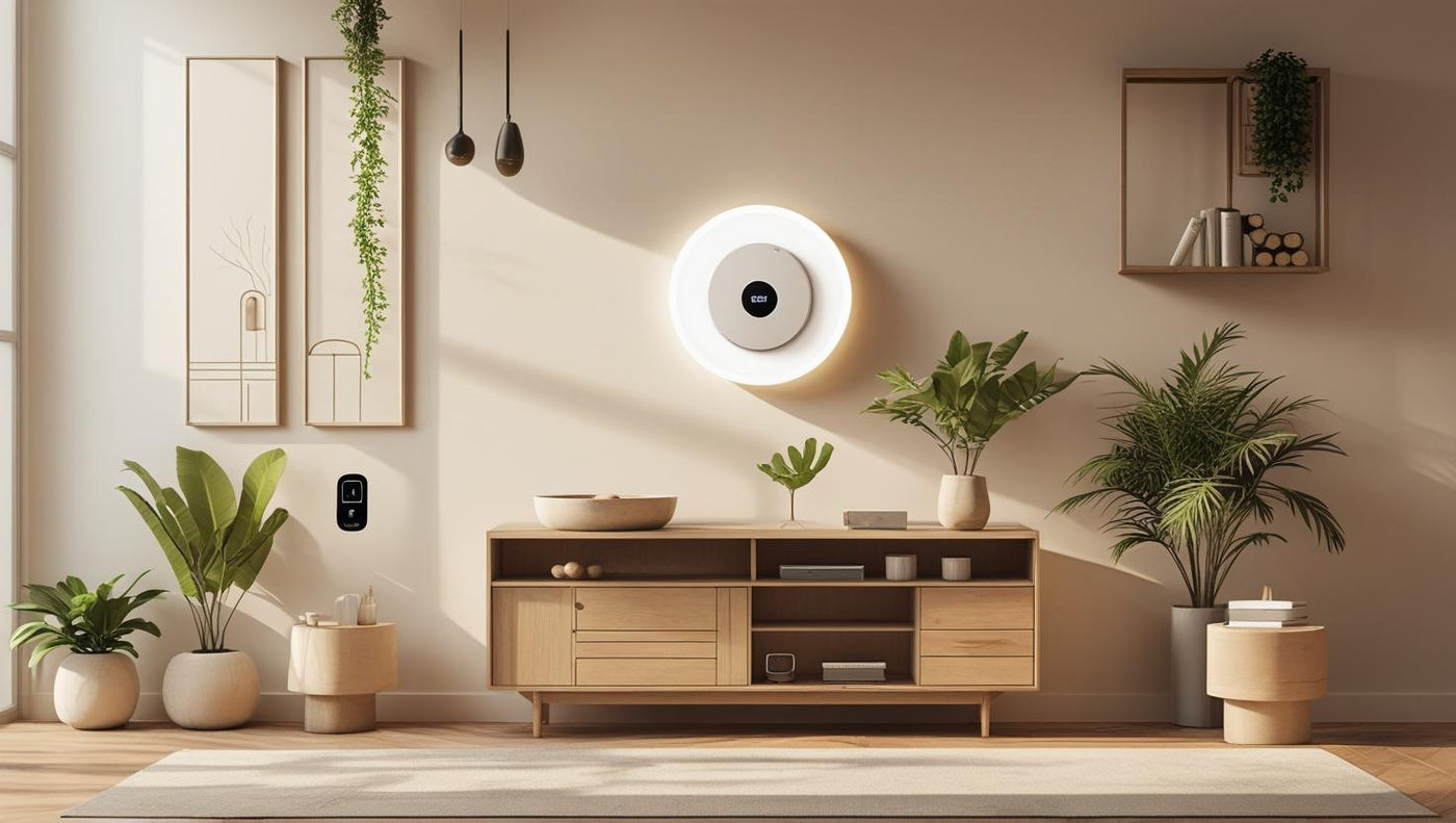 Modern living room with wooden cabinet, plants, and wall-mounted light fixture.