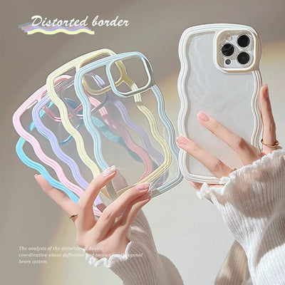 Transparent phone case with colorful border held by a hand against a neutral background