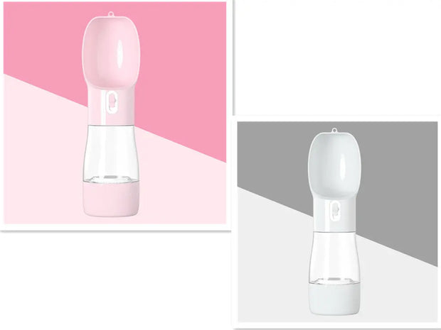 Traveling Out Portable Dog Water Dispenser in pink and gray, dual compartments for water and food, leak-proof design.