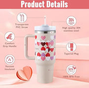 Tumbler with heart pattern on a pink background with product details.