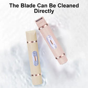Dual-Head Electric Shaver Painless Women's Epilator Bikini Hair Removal Device in pink and beige colors on wet surface.