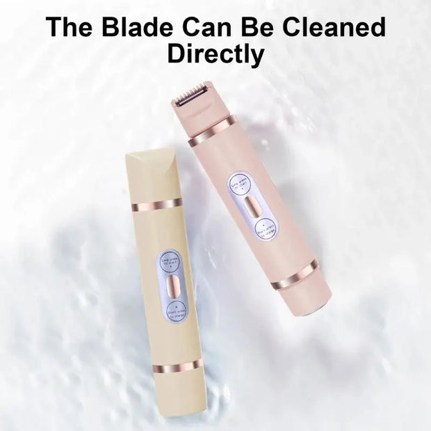 Dual-Head Electric Shaver Painless Women's Epilator Bikini Hair Removal Device in pink and beige colors on wet surface.