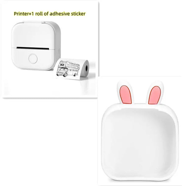 White printer with adhesive sticker roll and a white container with pink bunny ears on a white background.