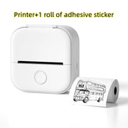 White portable printer with a roll of adhesive sticker featuring a bus design on a white background.