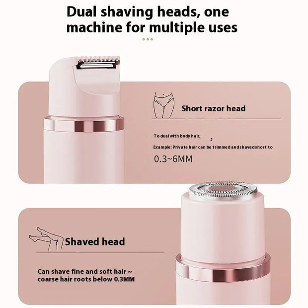 Dual-Head Electric Shaver Painless Women's Epilator with short razor and shaved heads for versatile hair removal.